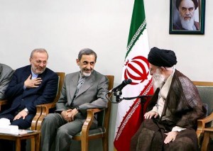 Ayatollah Khamenei Greets Manouchehr Mottaki, Then Foreign Minister (Left) during a meeting in 2010 with the President Ahmadinejad's Cabinet Members. In the Middle is Ali AKbar Velayati, Supreme Leader's Special Adviser on International Affairs.