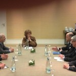 EU's HR Catherine Ashton holds trilateral meeting with French FM Fabius and Iran FM Zarif, in Geneva.