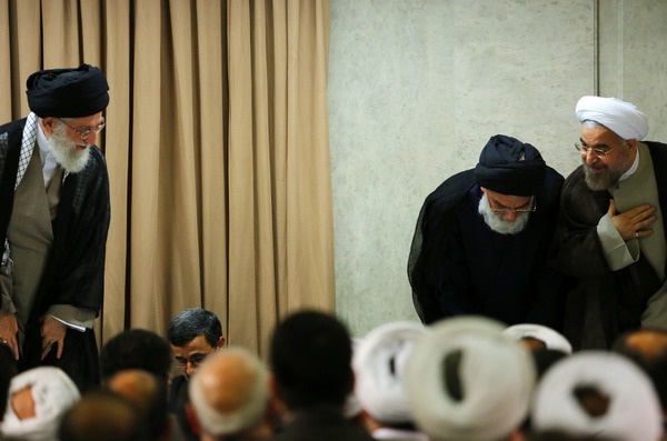 Iran's supreme leader Ayatollah Khamenei greets the president elect Hassan Rowhani during a meeting on July 21,2013. (Photo Credit: Khamenei.ir)