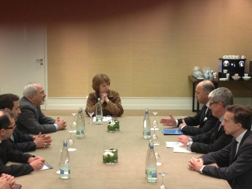 EU's HR Catherine Ashton holds trilateral meeting with French FM Fabius and Iran FM Zarif, in Geneva.